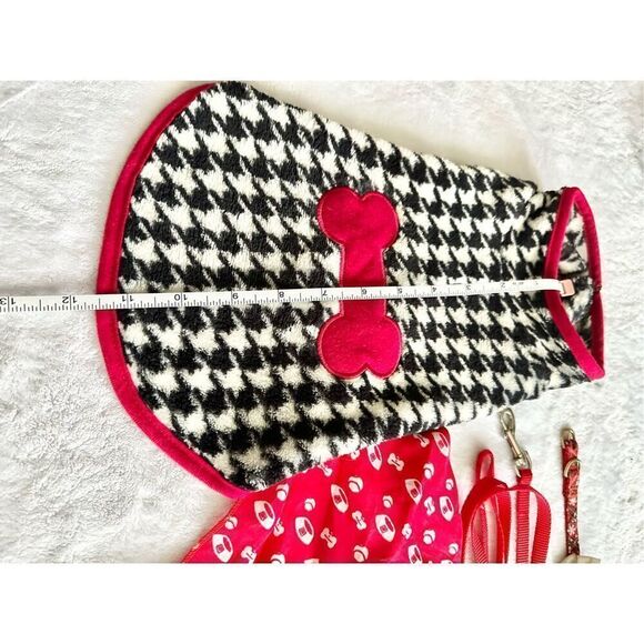 Red dog supply set - black and white houndstooth with red sweater, red leash, re - Picture 3 of 4